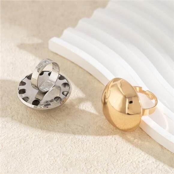 Bold Dome Ring Duo – Chunky Adjustable Gold & Silver Statement Rings - Picture 4 of 4